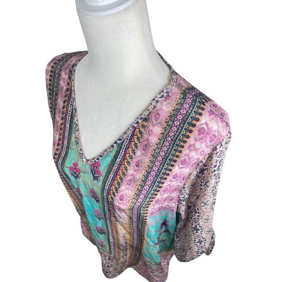 Tolani 100% Silk Printed Tunic Top Roll Tab Sleeves Beach Resort Vacation Large - Picture 4 of 14